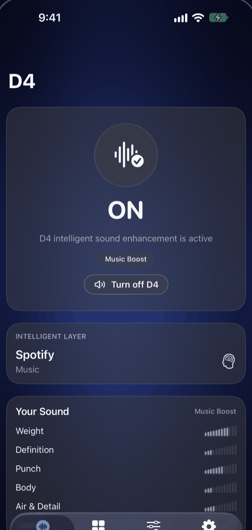 D4 Home screen: the ON circle glowing over a night sky, mode Music Boost, with a Turn off D4 button