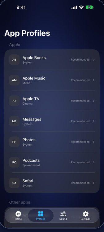 D4 App Profiles screen: Apple Books, Apple Music, Apple TV, Messages, Photos, Podcasts and Safari, each with its recommended sound